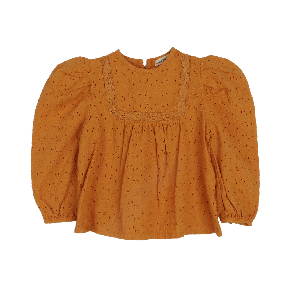 Haim Blouse. Brand: Amber Colour: Orange Details: Round neck, Lace, Puffy sleeves, Buttons at the back, Delicate style, Loose fit, Unique pattern Composition: 100% Cotton Made in: Korea