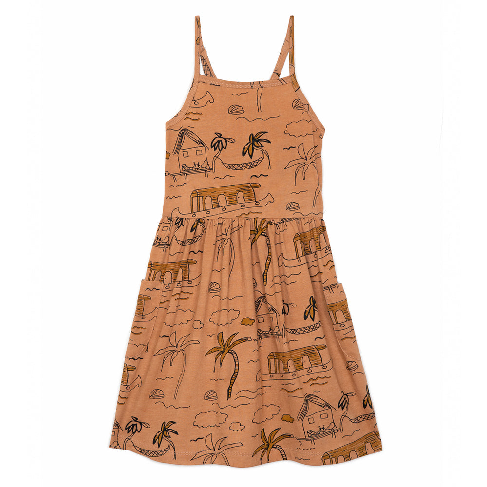 Brand: Nadadelazos Colour: Dark Chai Tea Brown Details: Underknee length dress with ajustable straps and allover print Kerala. The dress has fun big patch pockets at sides. Composition: 100% organic cotton jersey/150GSM Made in: India