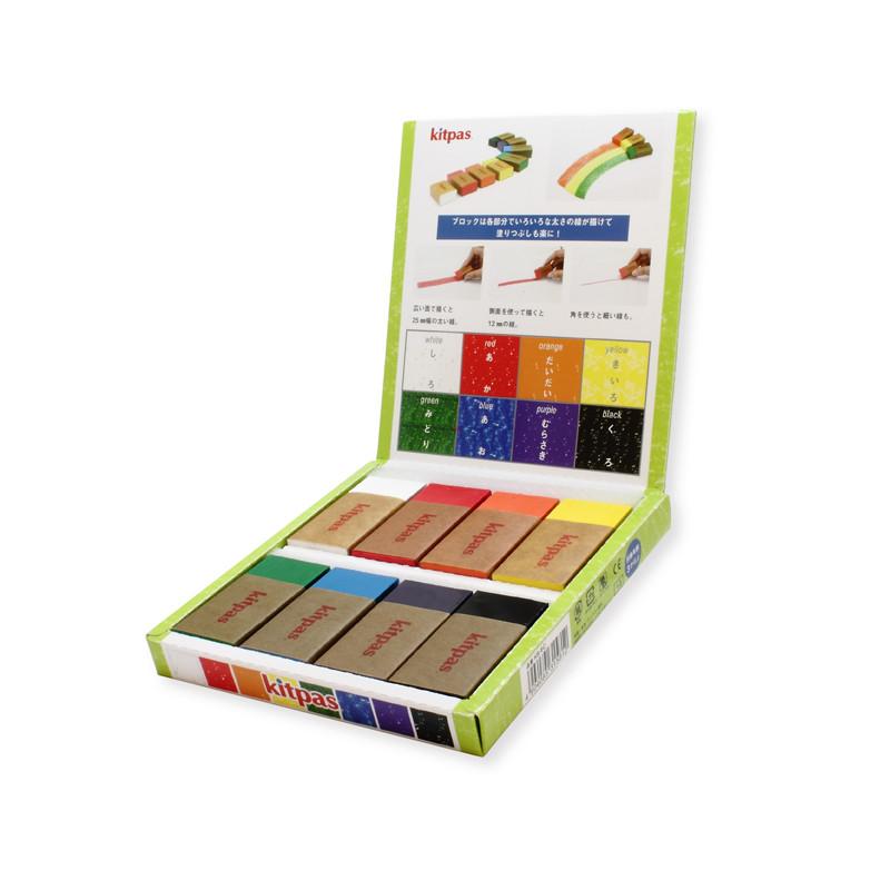Brand: Kitpas  Colour: white, red, orange, yellow, green, blue, purple, black Details:  Eco-friendly, Innovative, Square block version, Write big, bold letters or use edges to draw thin lines, Great for display art, Set of 8 Kitpas Blocks Composition: Paraffin wax, non-toxic Made in: Japan 
