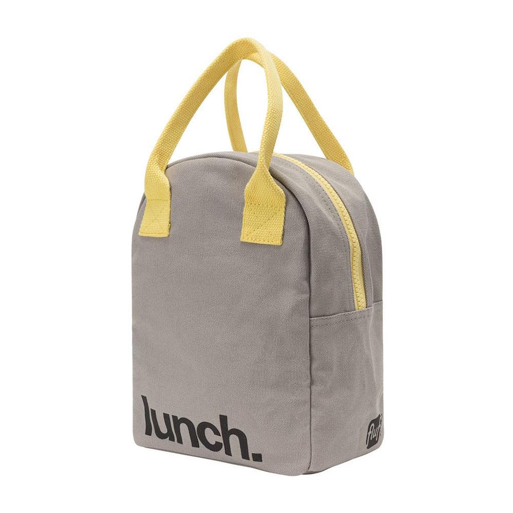 Brand: Fluf Colour: Grey  and yellow handle and zipper and with a slogan 'Lunch' Details: Preshrunk and fully machine washable, Cotton canvas carry handles, Zipper closure, Rinsable, tested food-safe lining, Interior pocket (for a water bottle or ice pack), Durable and roomy, Lunch bag is lined but not insulated, Water-resistant lining works well with an ice pack, if desired Composition: Certified organic cotton with a water resistant polyester liner  