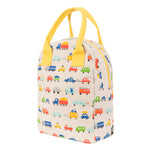 Brand: Fluf Colour: Multicolour Car print Details: Preshrunk and fully machine washable, Cotton canvas carry handles, Zipper closure, Rinsable, tested food-safe lining, Interior pocket (for a water bottle or ice pack), Durable and roomy, Lunch bag is lined but not insulated, Water-resistant lining works well with an ice pack, if desired Composition: Certified organic cotton with a water resistant polyester liner