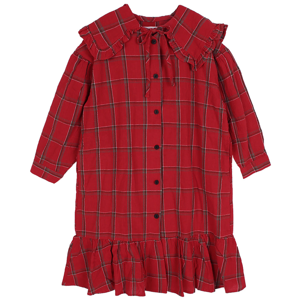 Brand: Peach and Cream  Colour: Red  checkered. Details: Loose and long, Checkered, Frill at the bottom, Puritan collar, Bow at the neck, Front buttons Composition: Cotton Made in: Korea
