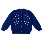 Blue Knitted cardigan with fun Intarsia motive "Dots" spread all over chest area, Coconut buttons, Round neck. Composition: 50% Merino wool, 50% Polyamide