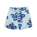 Bermuda light blue shorts with allover print of a dark blue snake 'NAAG BLUE', Mid thigh length, an elastic waistband with a functional cotton cord belt, At sides are practical side pockets for little treasures;).