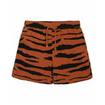 Orange and black 100% organic interlock cotton Tiger Bermuda shorts with allover print 'TIGER SKIN', Mid thigh length, an elastic waistband with a functional cotton cord belt, At sides are practical pockets for little treasures;)