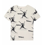 Brand: Nadadelazos Colour: Warm Grey Details: Low shoulder cut with allover print 'Yoga Monkeys - Relaxx', Small sizes have an opening with snaps at centre back. Composition: 100% Organic slub jersey 200GSM Made in: India