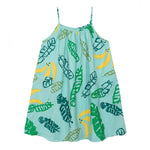 Brand: Nadadelazos Colour: Light Okra green Details: Flared, All over printed with Banana leaves & Bananas, The straps are completely adjustable and at sides the dress has fun XXL patch pockets. Composition: 100% organic cambric/ 200 GSM Made in: India