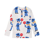 Colour: Ivory Details: Long sleeve, All over print "Police Officers in blue with red STOP signs", Patch pocket, Cuffs and Front opening with buttons. Composition: 100% Organic cotton jersey Made in: India